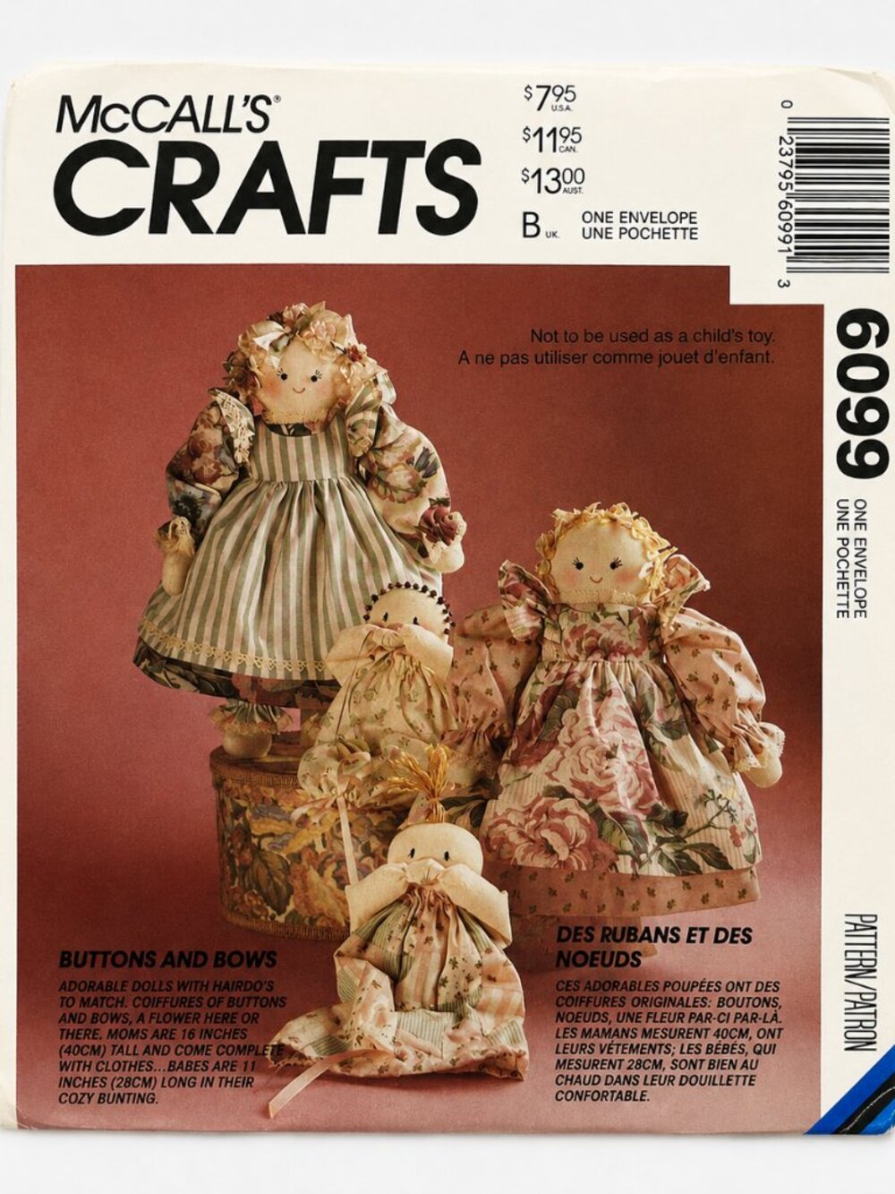 Vintage McCall’s Crafts 6099 Buttons & Bows Cloth Doll Sewing Pattern
